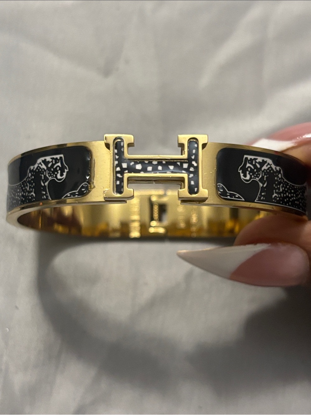 Hermes Black & Gold Enamel H Cuff Bracelet